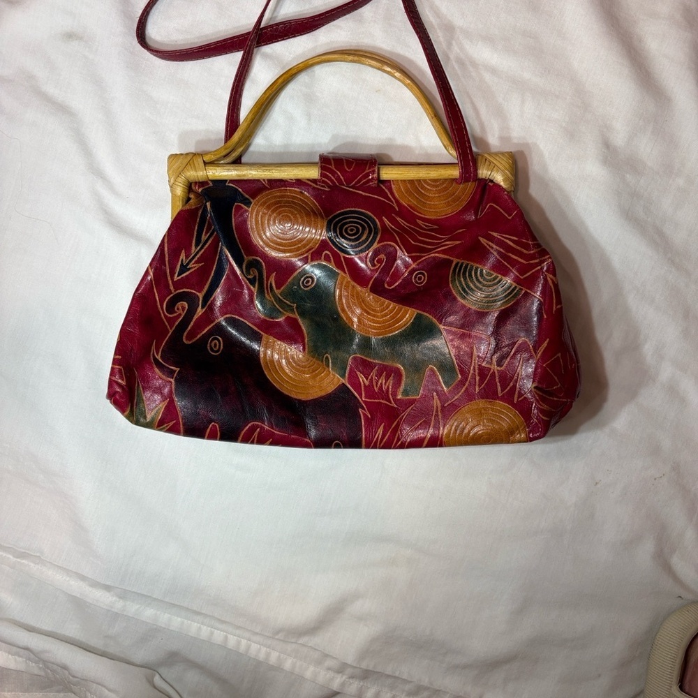 Vintage‎ Elephant Print Red, tan, Greenand Brown crossbody Handbag - Picture 6 of 9